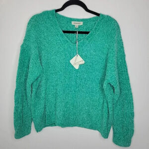 New Cocovive Aqua green Cropped‎ Chenille V-NECK Super Soft sz Large 3/4 sleeve